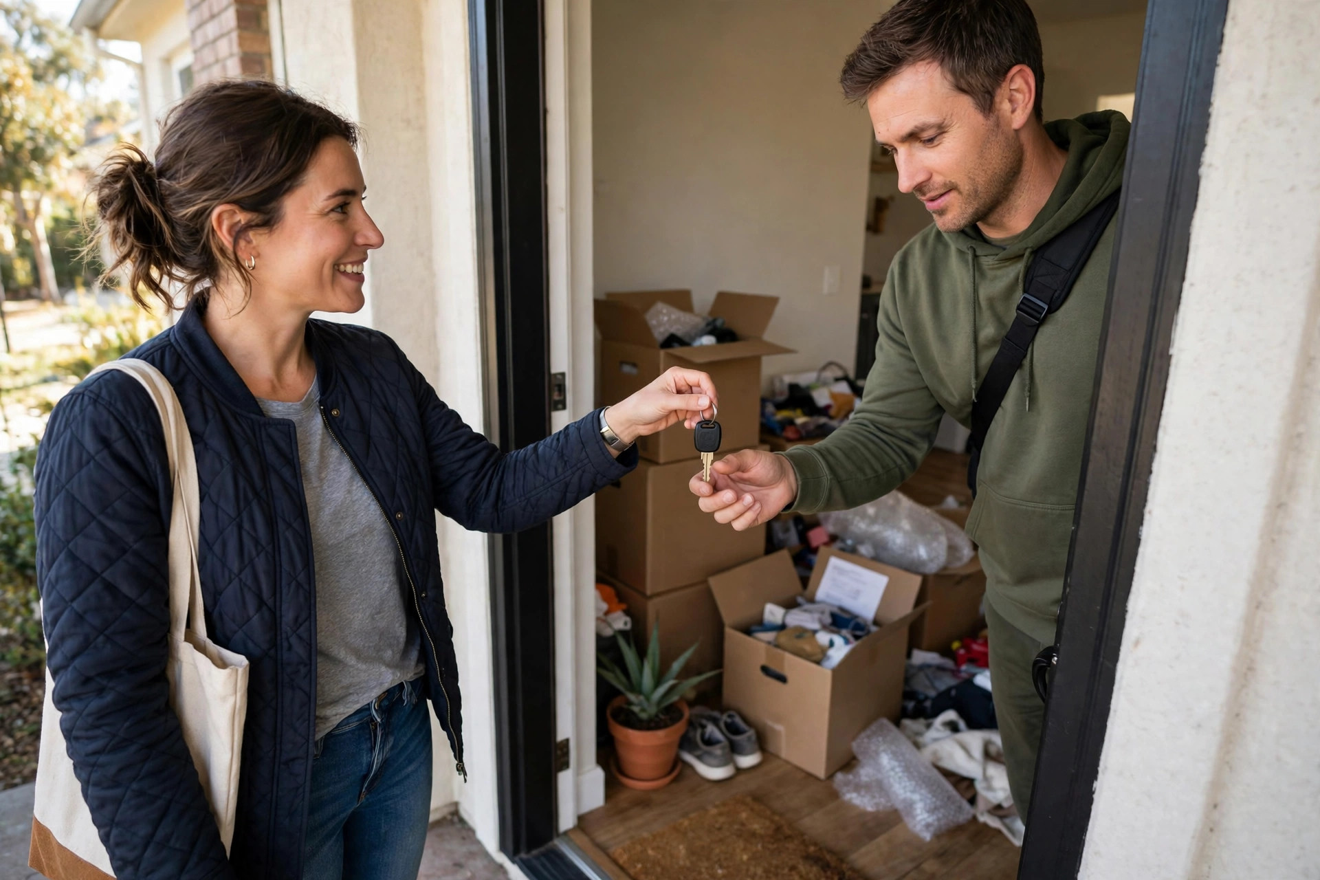 Agent handing house keys to a buyer at the front door